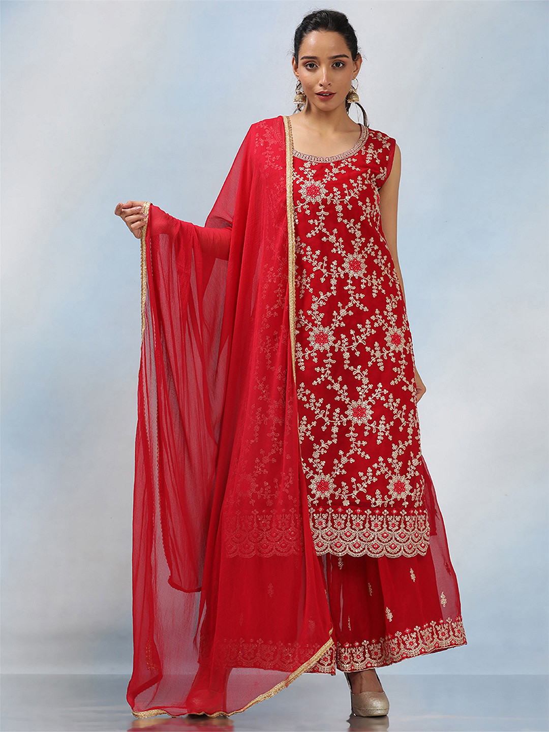 

MAHALASA Ethnic Motifs Embroidered Sequinned Unstitched Dress Material, Red