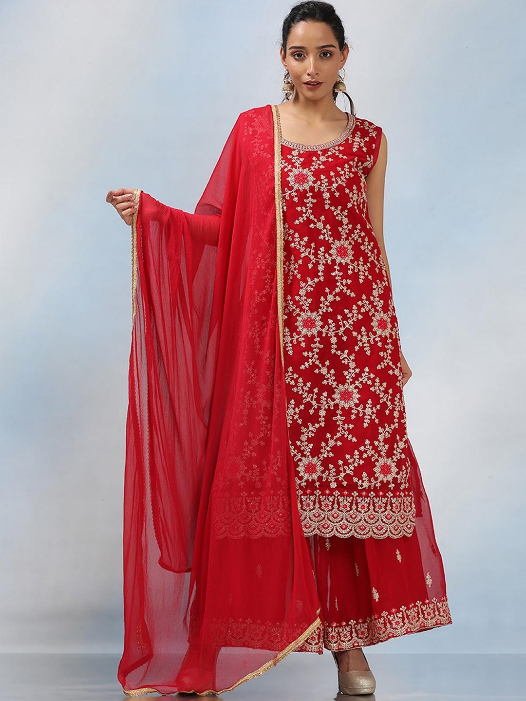 

MAHALASA Floral Embroidered Gotta Patti Straight Kurta With Sharara & Dupatta, Red