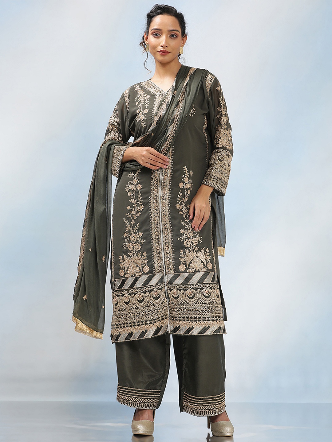 

MAHALASA Ethnic Motifs Embroidered Unstitched Dress Material, Grey