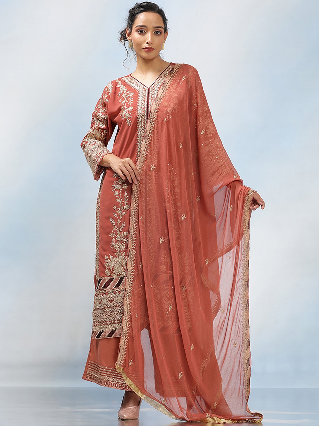 

MAHALASA Floral Embroidered V-Neck Gotta Patti Net Straight Kurta With Palazzos & Dupatta, Rust