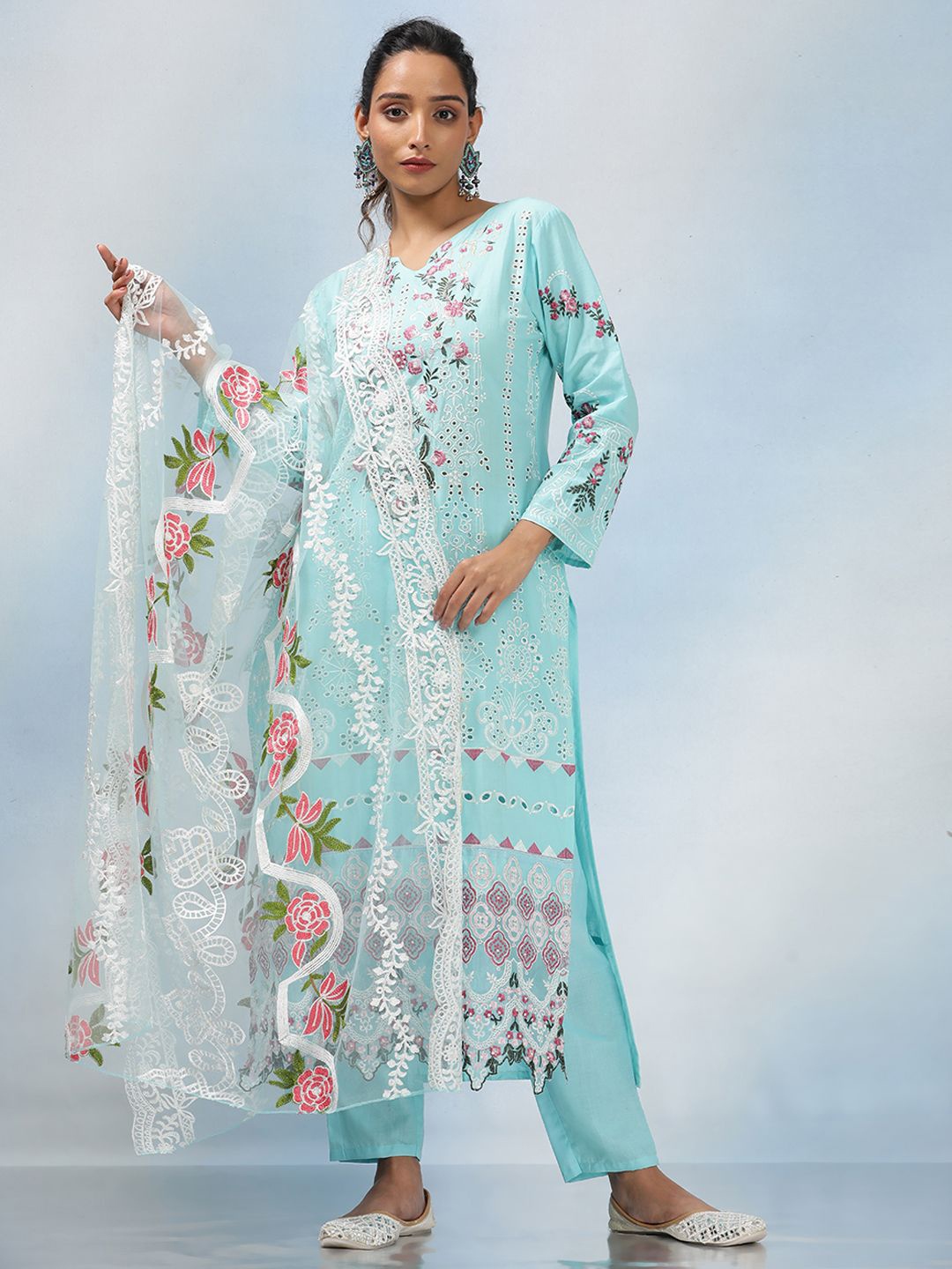 

MAHALASA Floral Embroidered Net Unstitched Dress Material, Sea green