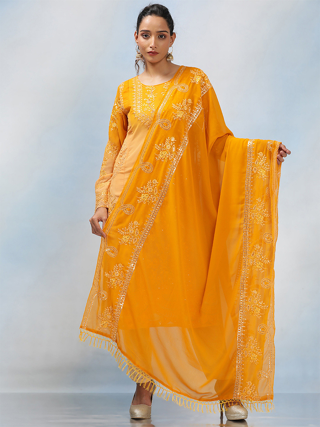 

MAHALASA Ethnic Motifs Embroidered Sequinned Net Unstitched Dress Material, Mustard