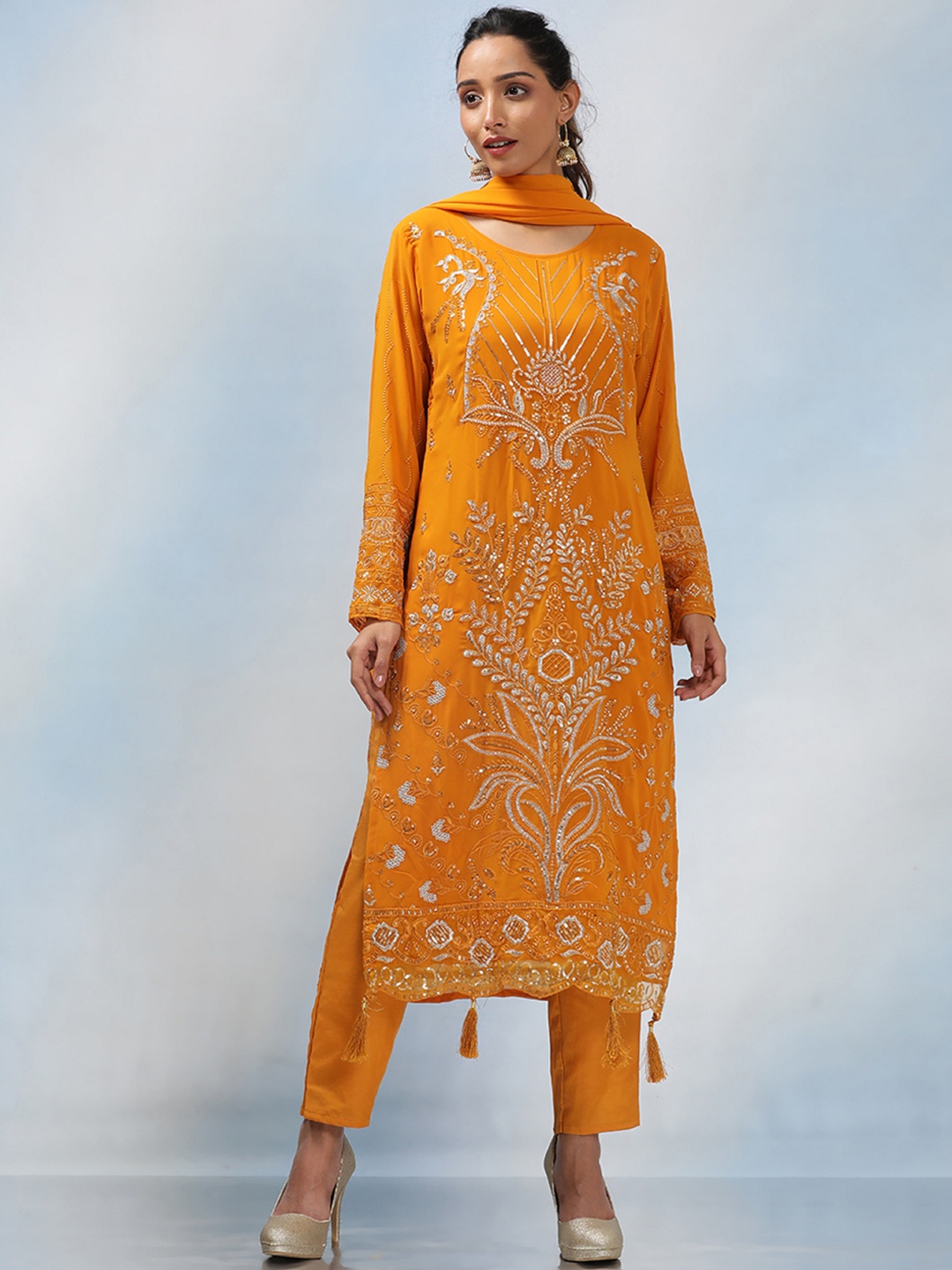 

MAHALASA Ethnic Motifs Embroidered Sequinned Net Straight Kurta With Trousers & Dupatta, Mustard