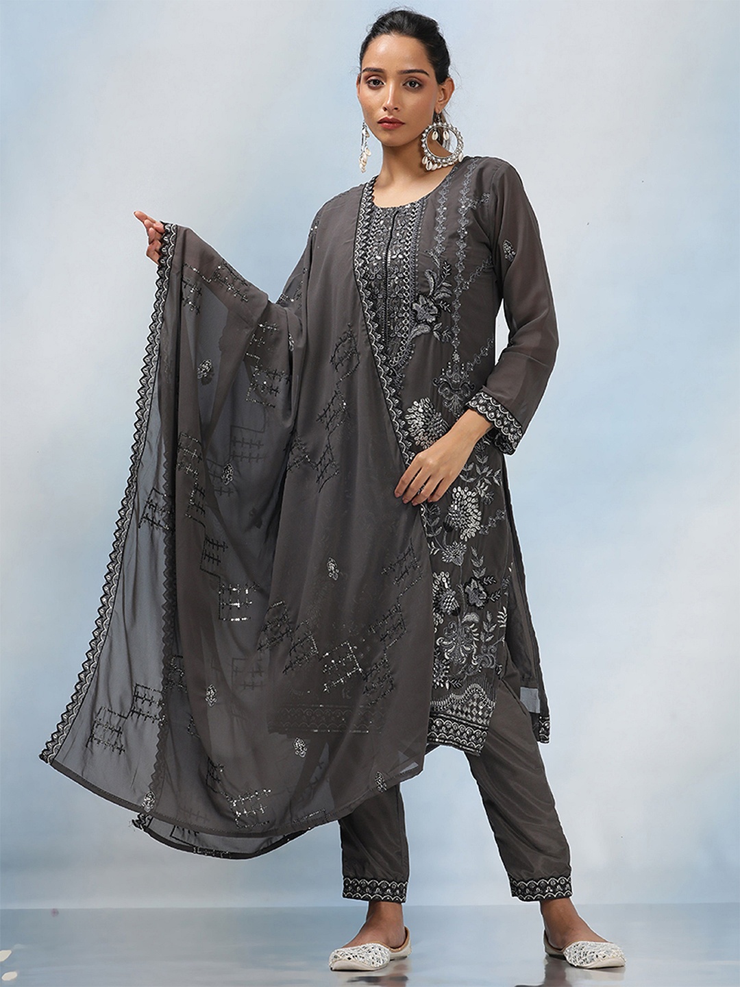 

MAHALASA Ethnic Motifs Embroidered Unstitched Dress Material, Grey