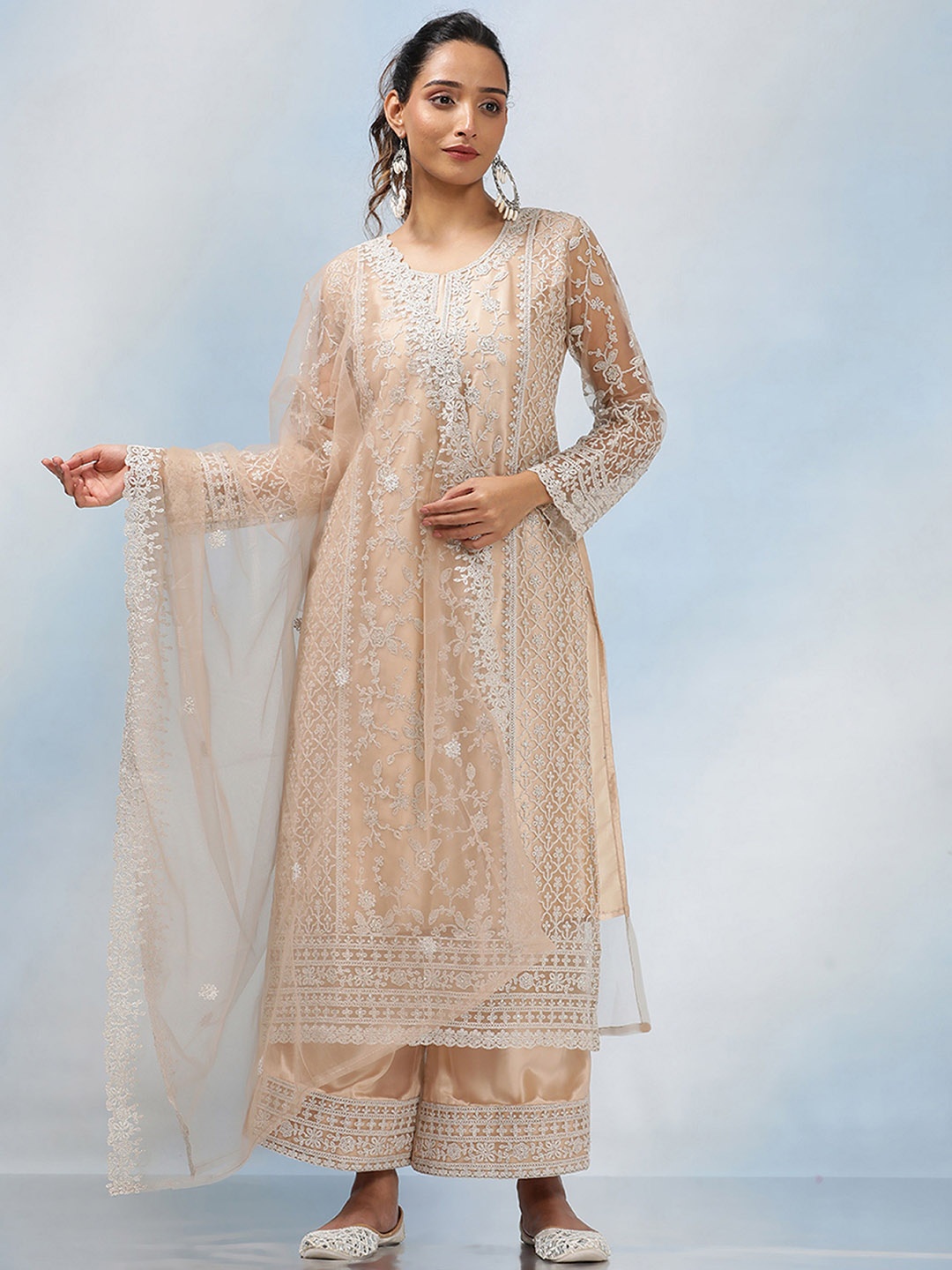 

MAHALASA Ethnic Motifs Embroidered Thread Work Net Straight Kurta With Palazzos & Dupatta, Cream