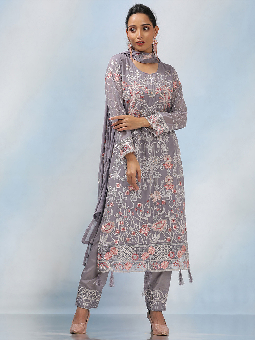 

MAHALASA Ethnic Motifs Embroidered Sequinned Net Unstitched Dress Material, Grey