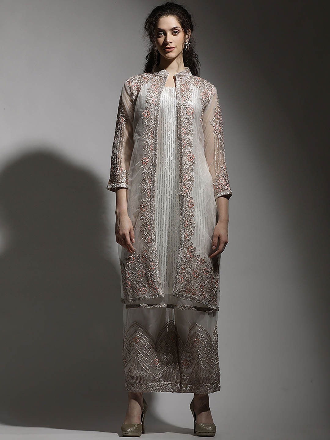

MAHALASA Ethnic Motifs Embroidered Gotta Patti Net Straight Kurta With Palazzos & Dupatta, White