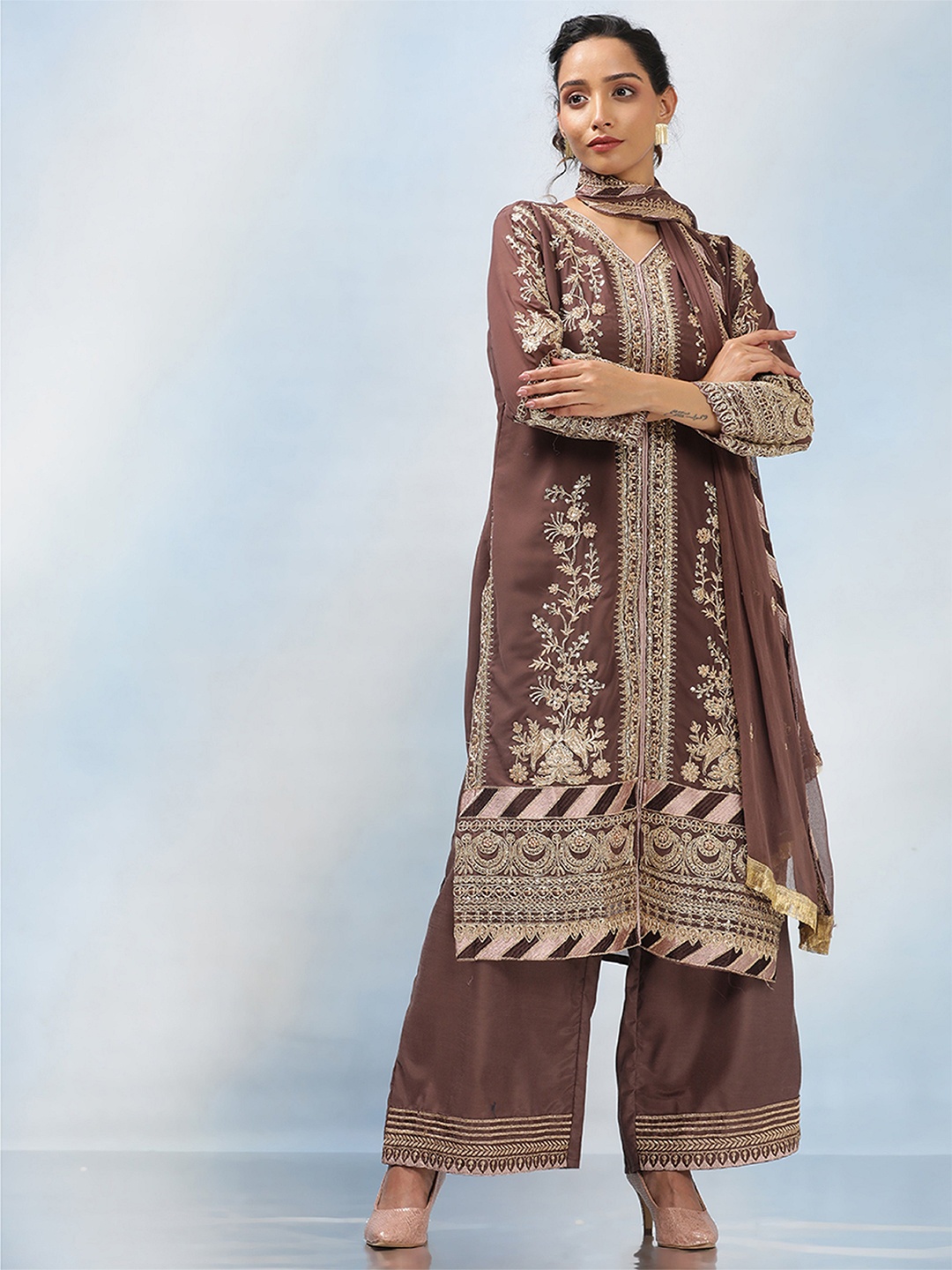 

MAHALASA Ethnic Motifs Embroidered Sequinned Unstitched Dress Material, Brown