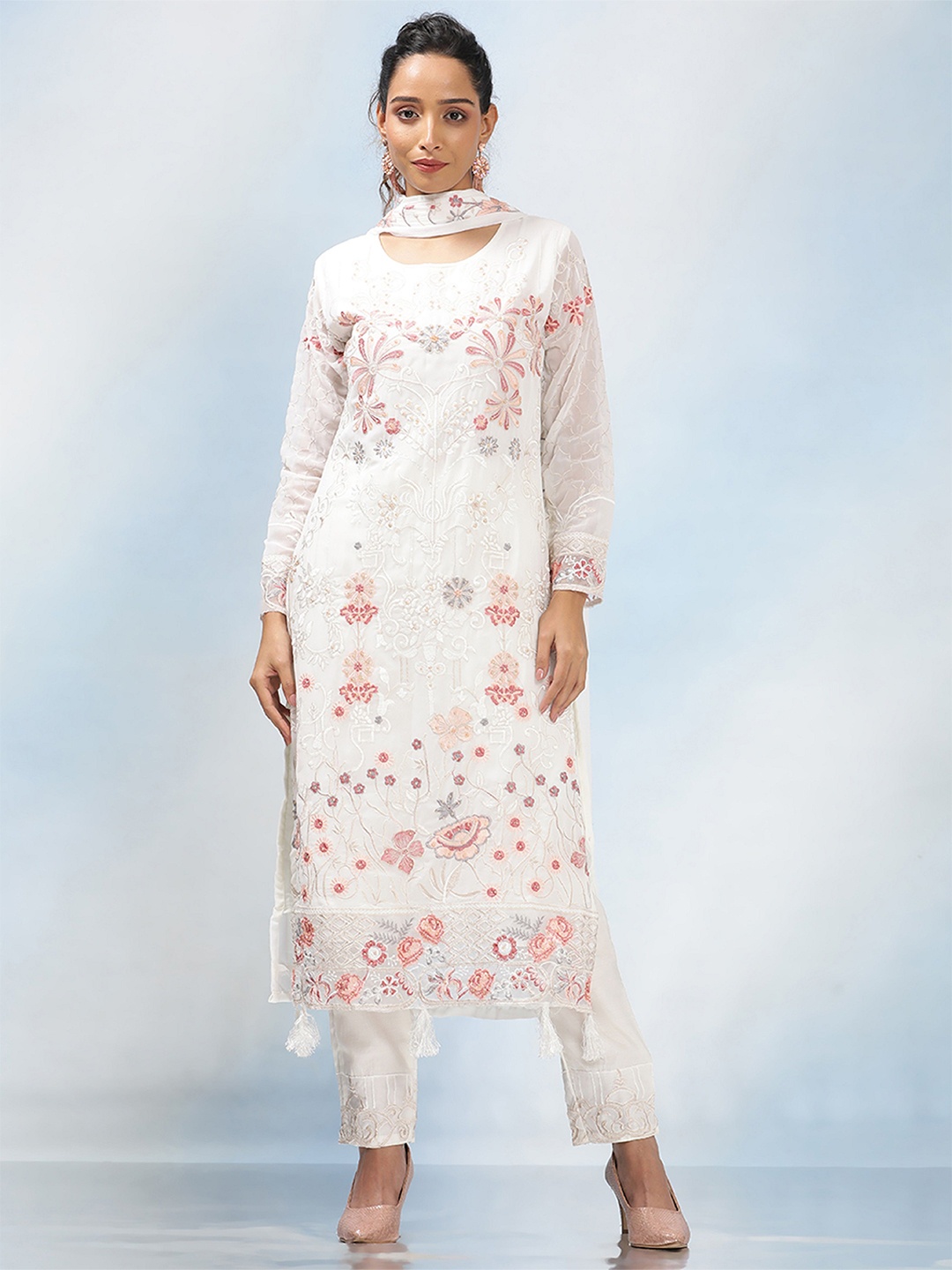 

MAHALASA Floral Embroidered Net Unstitched Dress Material, White