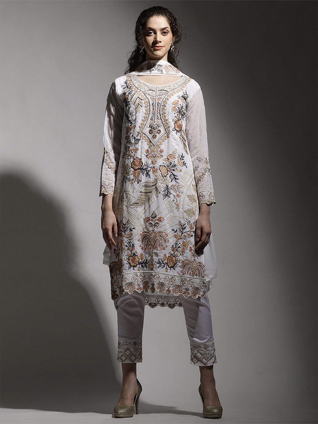 

MAHALASA Floral Embroidered Unstitched Dress Material, White