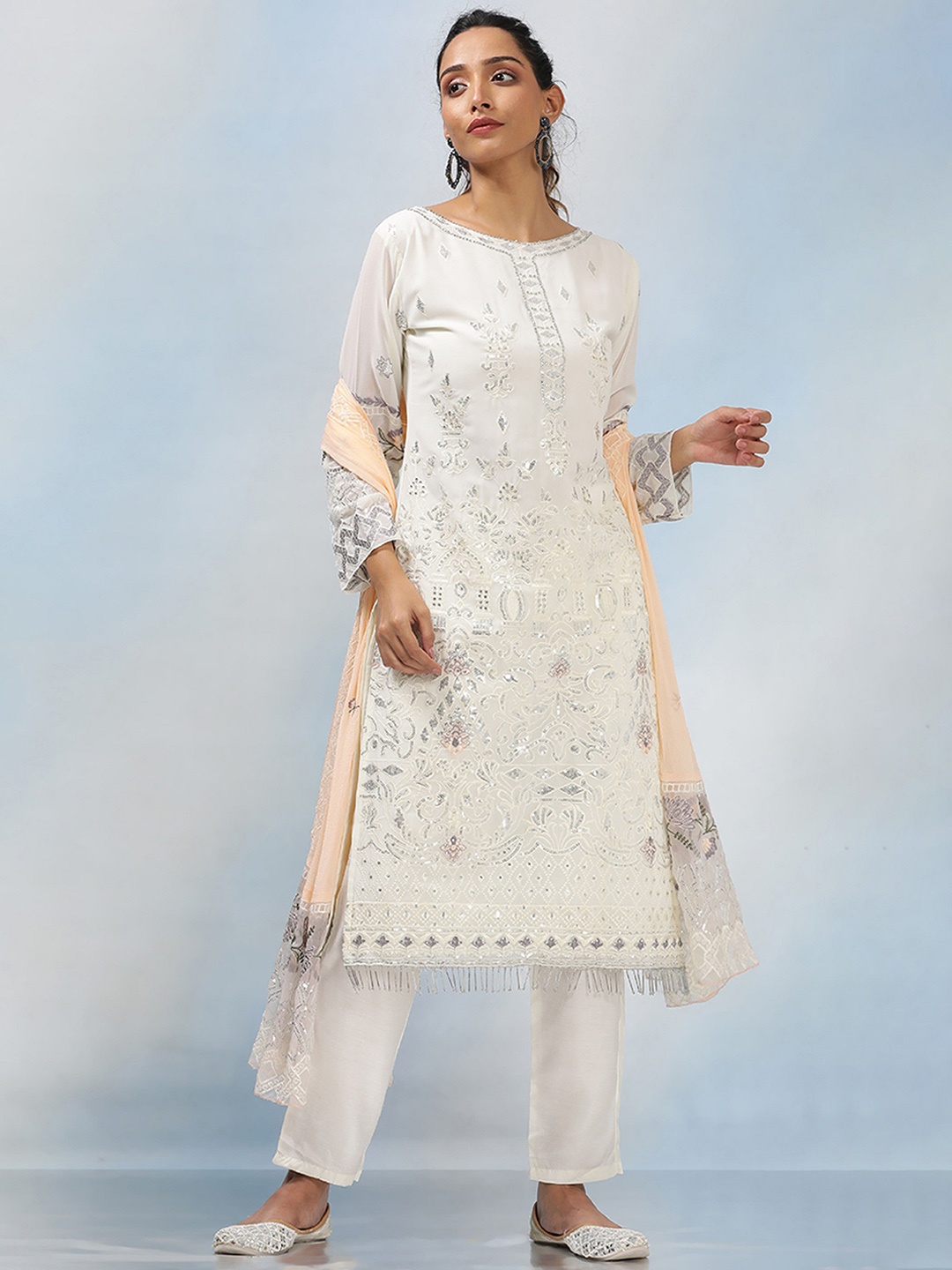 

MAHALASA Ethnic Motifs Embroidered Thread Work Net Straight Kurta With Trousers & Dupatta, White