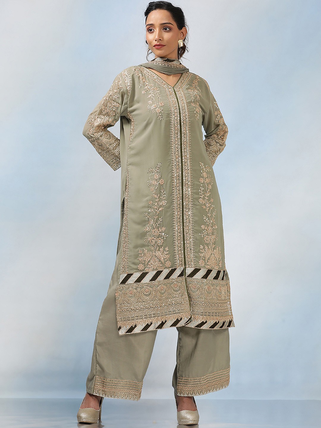 

MAHALASA Floral Embroidered Unstitched Dress Material, Olive