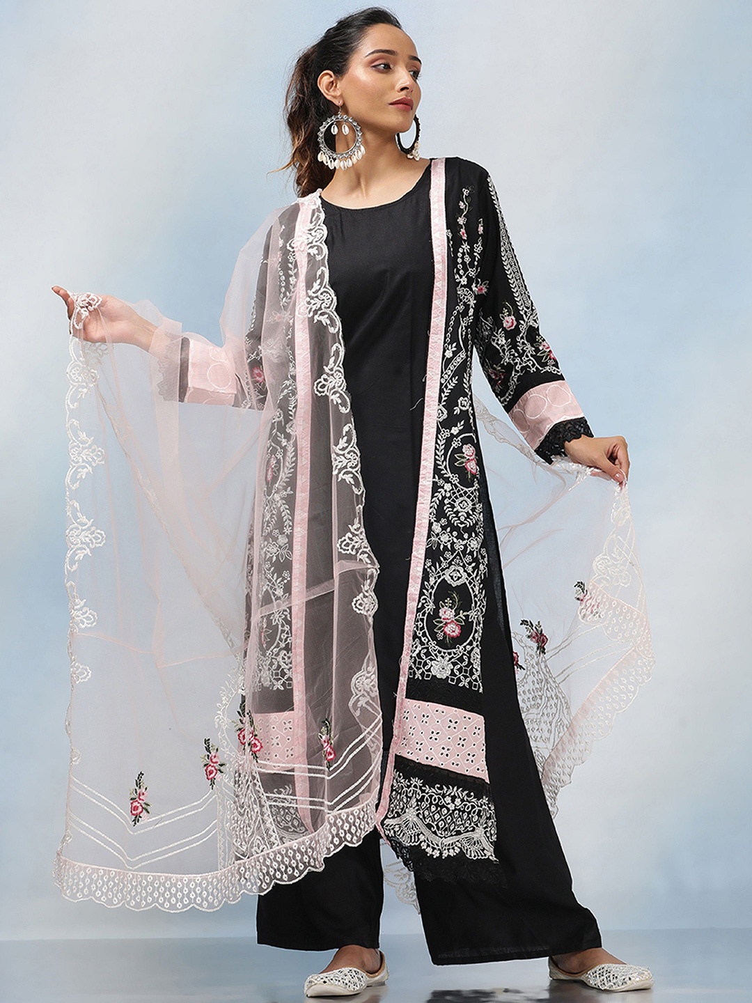 

MAHALASA Ethnic Motifs Embroidered Sequinned Unstitched Dress Material, Black