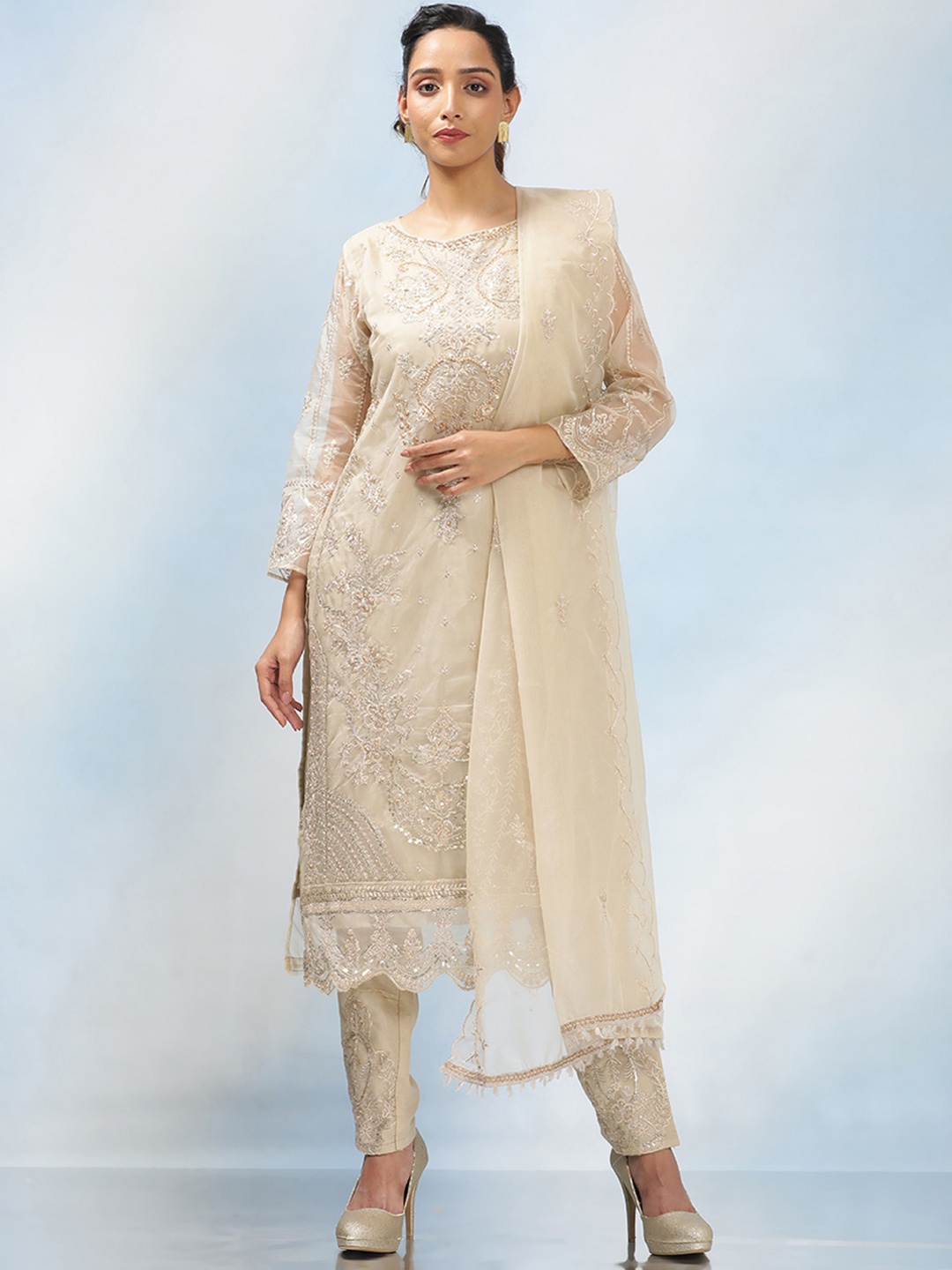 

MAHALASA Ethnic Motifs Embroidered Beads Net Straight Kurta With Trousers & Dupatta, Cream