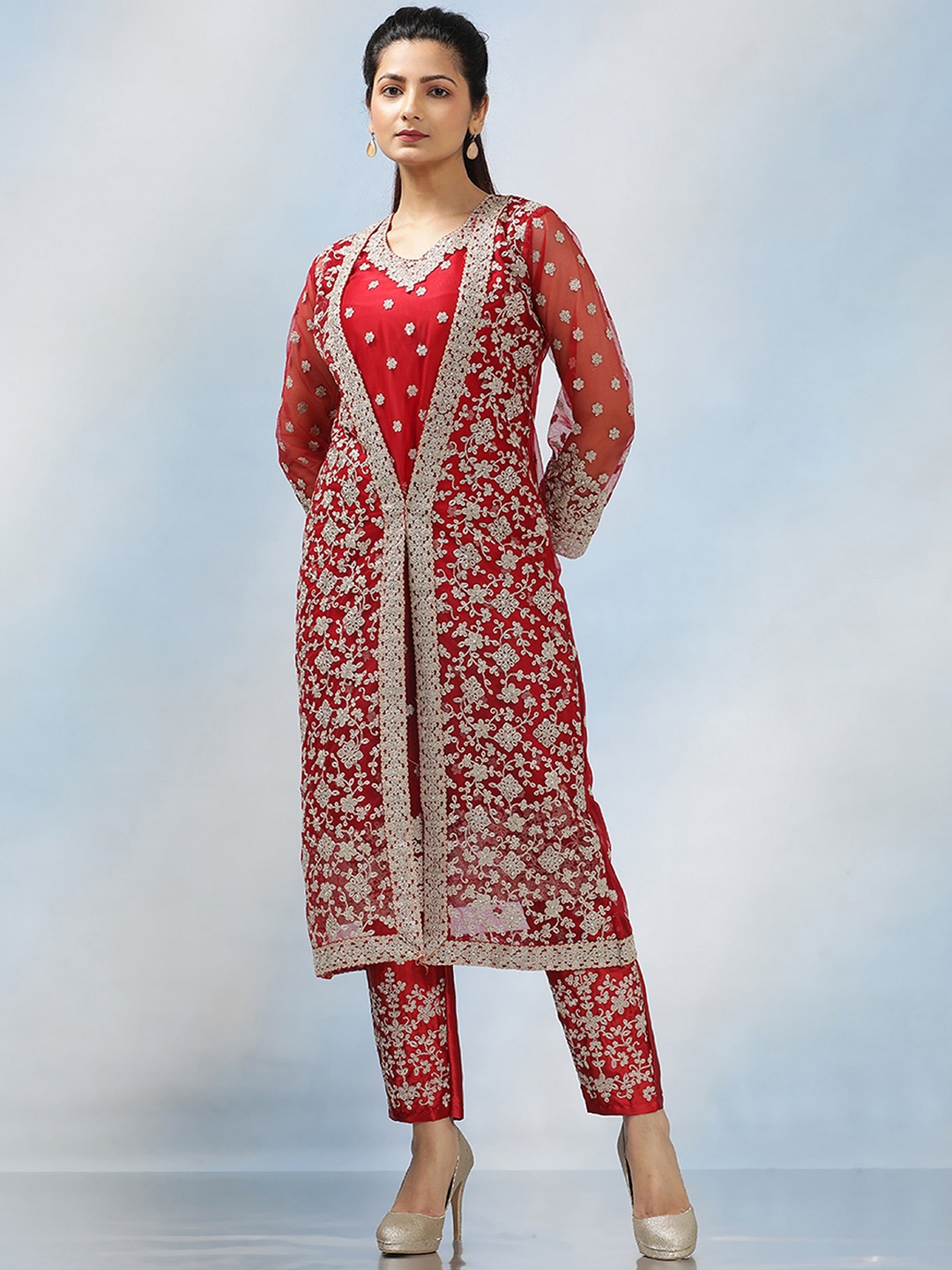 

MAHALASA Ethnic Motifs Embroidered Sequinned Unstitched Dress Material, Red