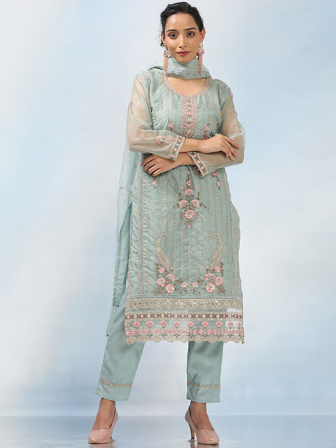 

MAHALASA Floral Embroidered Gotta Patti Net Straight Kurta With Trousers & Dupatta, Sea green