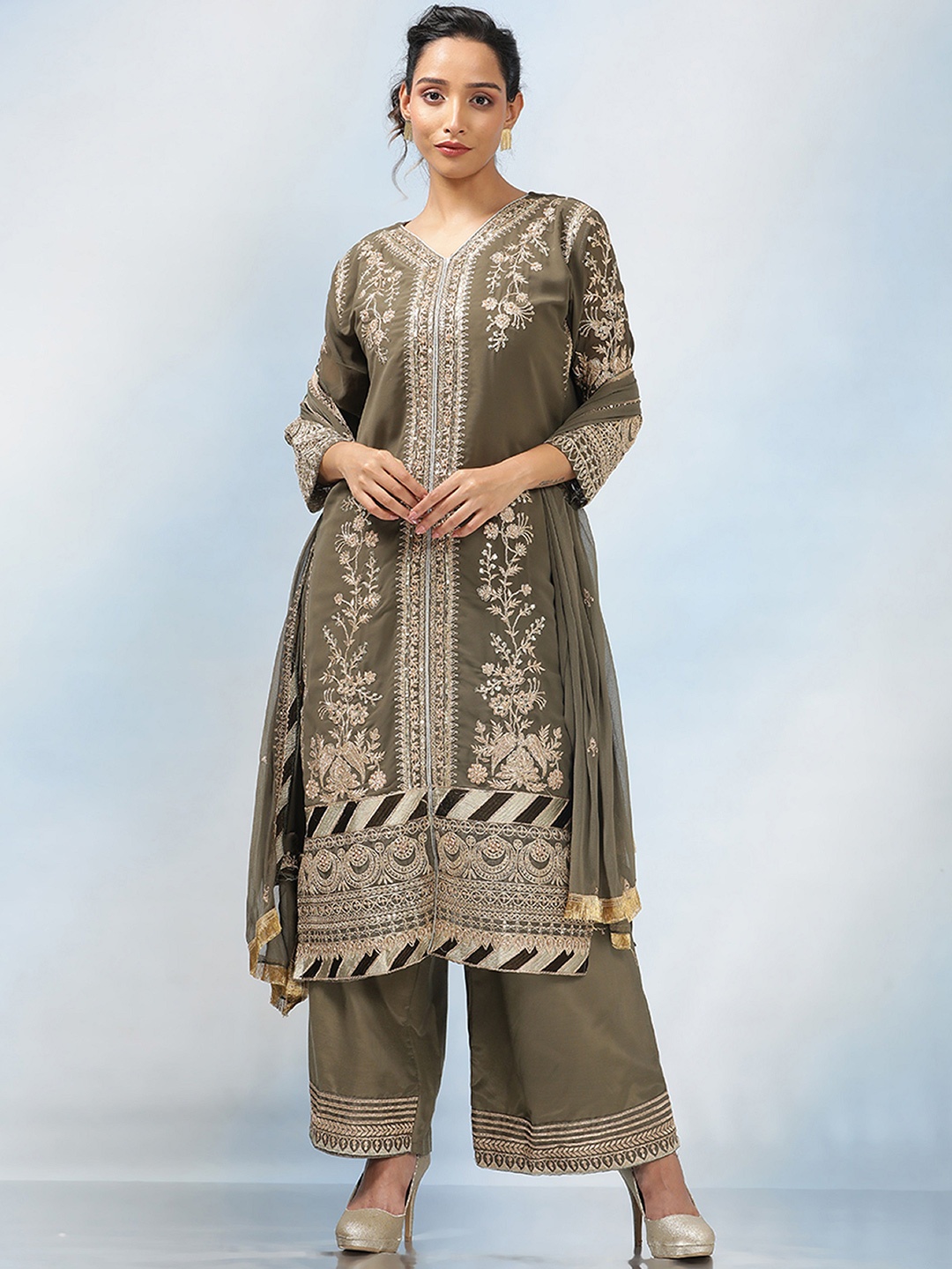 

MAHALASA Ethnic Motifs Embroidered Unstitched Dress Material, Olive