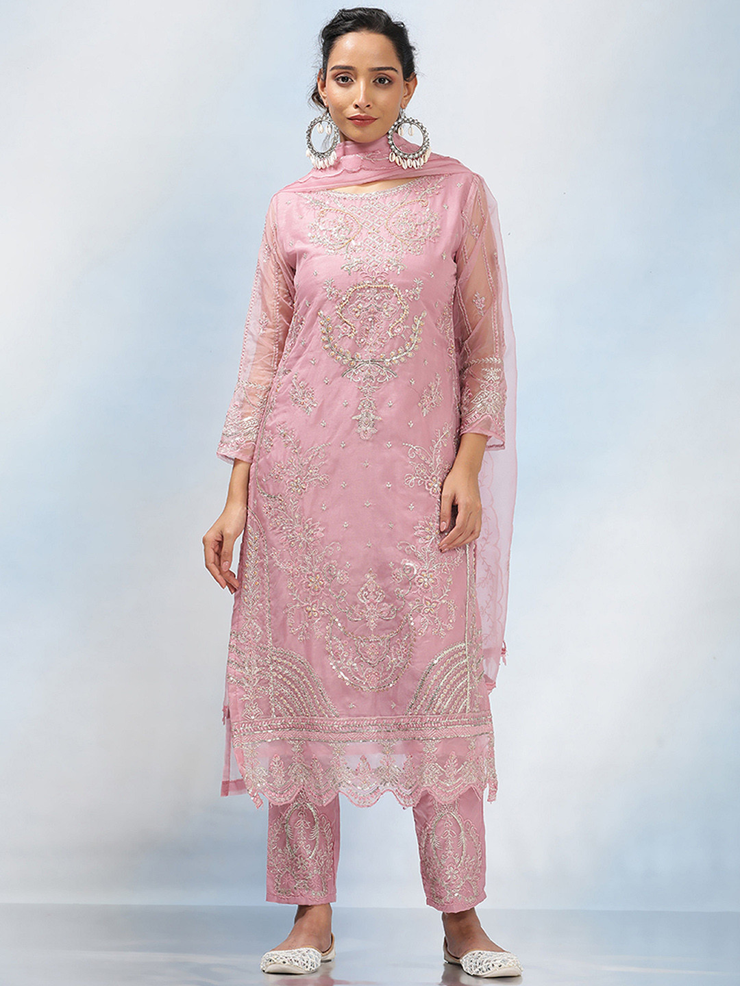 

MAHALASA Ethnic Motifs Embroidered Thread Work Net Straight Kurta With Trousers & Dupatta, Purple