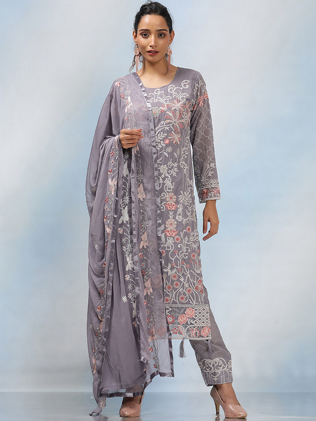 

MAHALASA Floral Embroidered Thread Work Net Straight Kurta With Trousers & Dupatta, Grey
