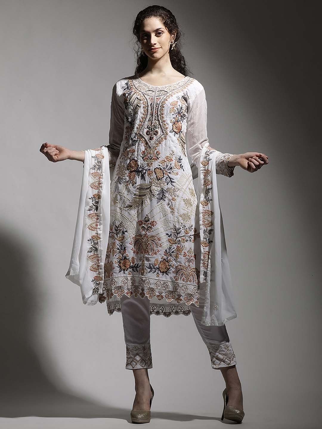 

MAHALASA Ethnic Motifs Embroidered Thread Work Net Straight Kurta With Trousers & Dupatta, White