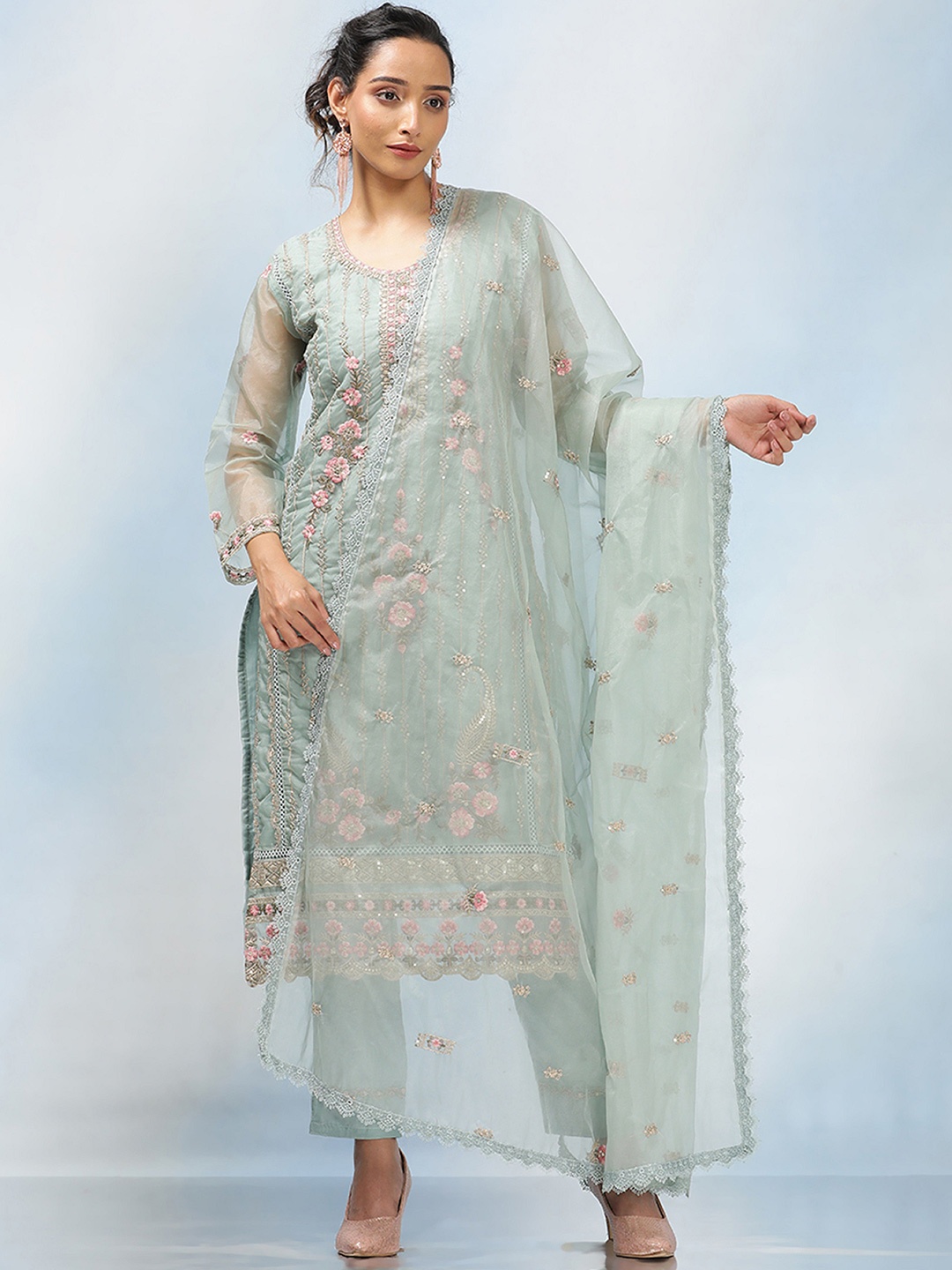 

MAHALASA Floral Embroidered Unstitched Dress Material, Sea green