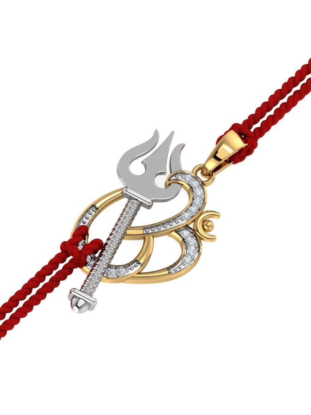 

KUBERBOX 14KT Diamond Studded Gold Om Trishul Rakhi Pendant With Roli & Rice -1.33g