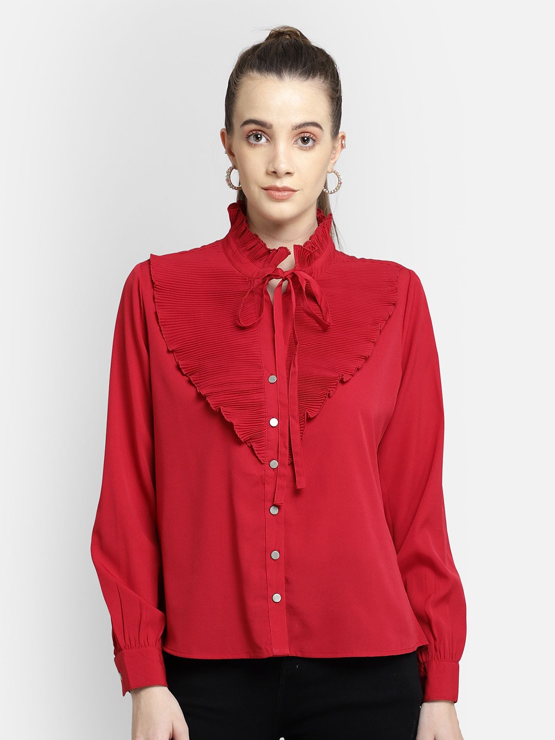 

Yaadleen Solid Tie-Up Neck Victorian Crepe Shirt Style Top, Maroon