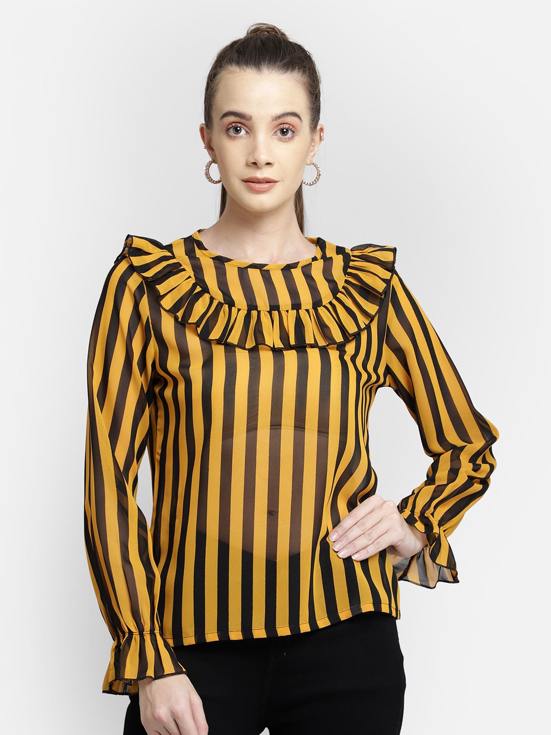 

Yaadleen Striped Bell Sleeve Georgette Top, Mustard