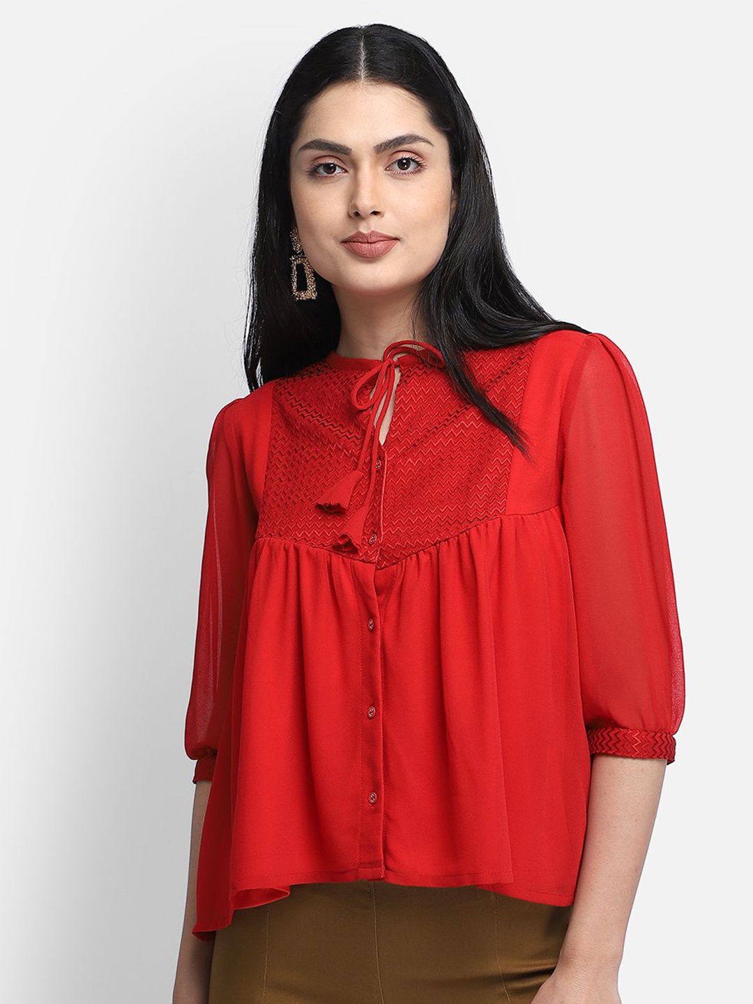

Yaadleen Tie-Up Neck Puff Sleeve Georgette Top, Red