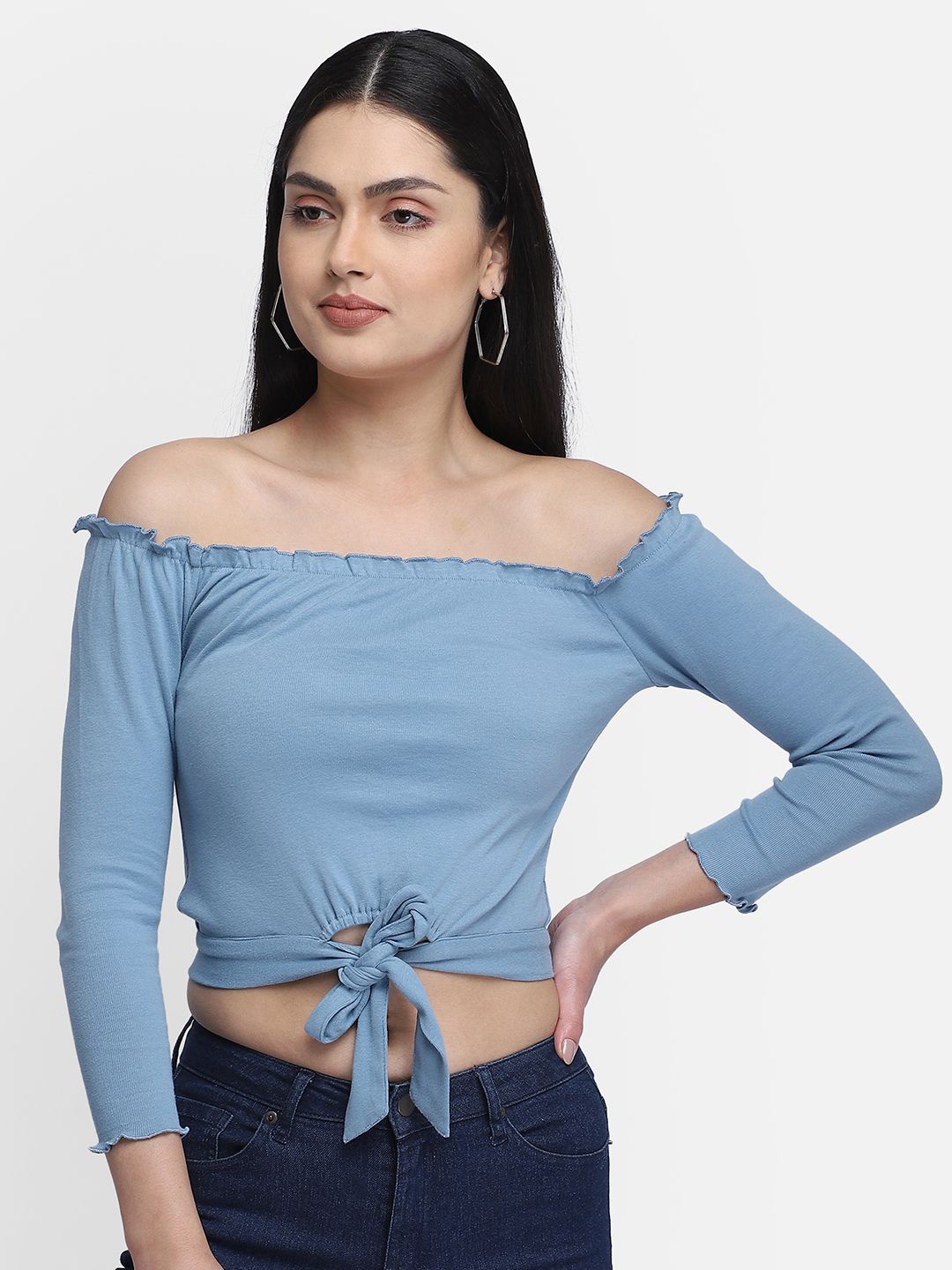 

Yaadleen Off-Shoulder Cotton Bardot Crop Top, Blue