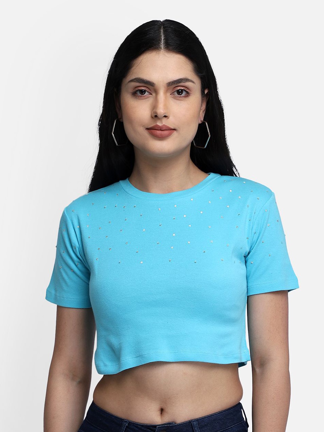 

Yaadleen Embellished Cotton Crop Top, Turquoise blue