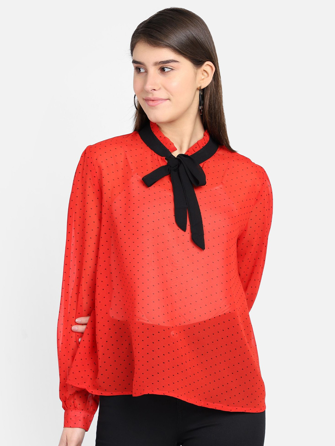 

Yaadleen Women Dots Printed Tie-Up Neck Top, Red
