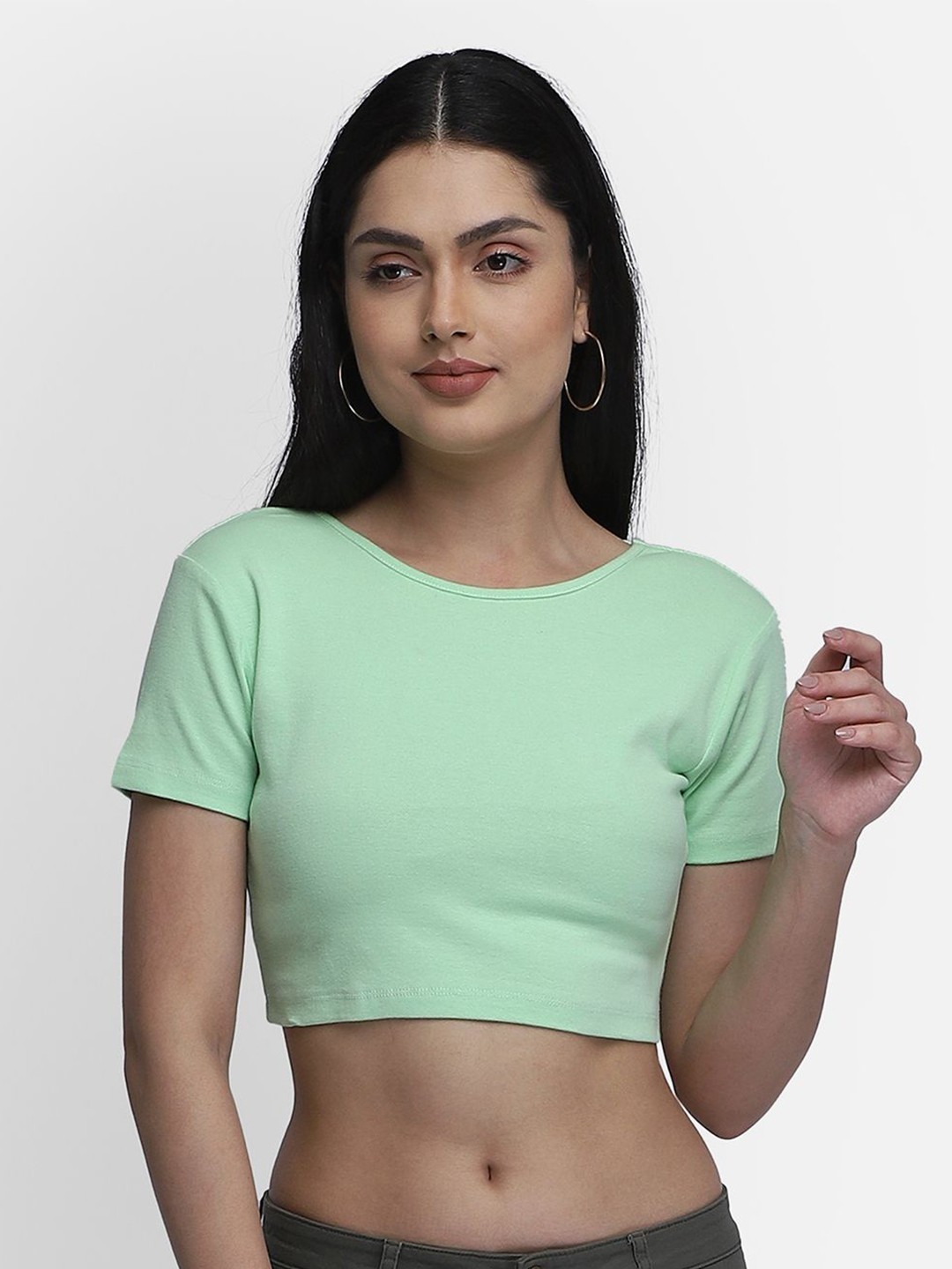 

Yaadleen Solid Cotton Crop Top, Lime green