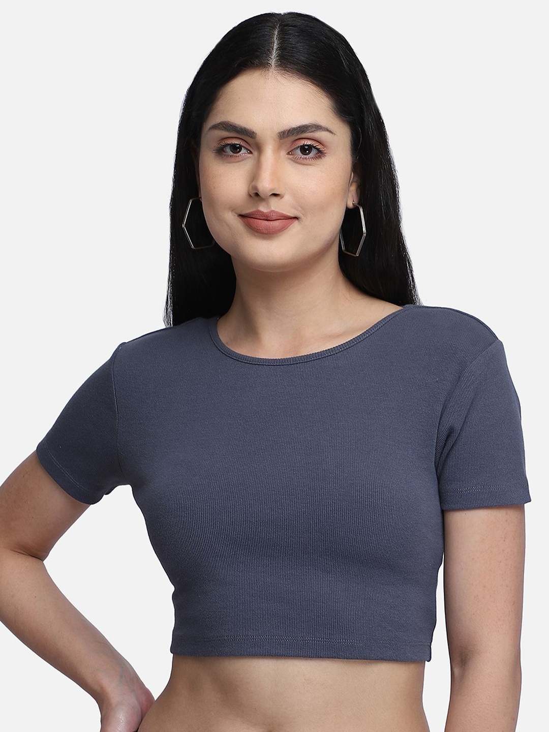 

Yaadleen Solid Cotton Round Neck Short Sleeves Crop Top, Grey