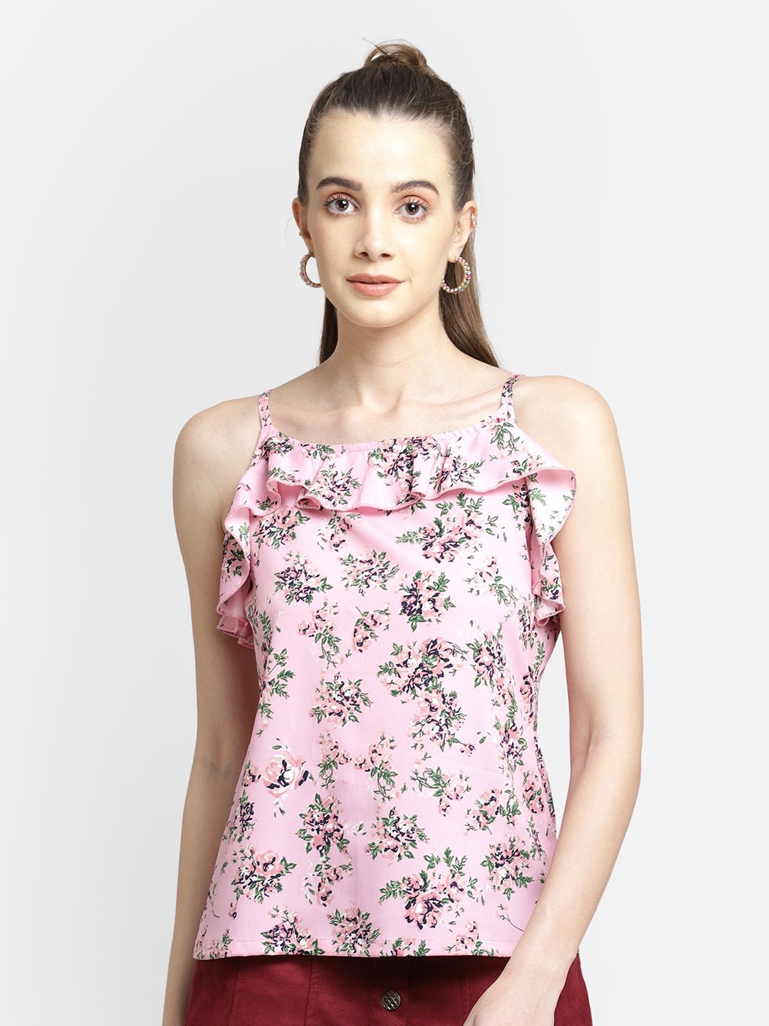 

Yaadleen Floral Print Ruffles Crepe Top, Pink