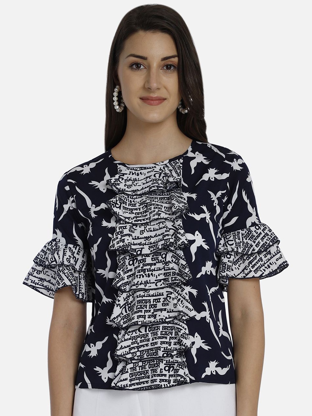 

Yaadleen Women Print Bell Sleeve Crepe Top, Navy blue