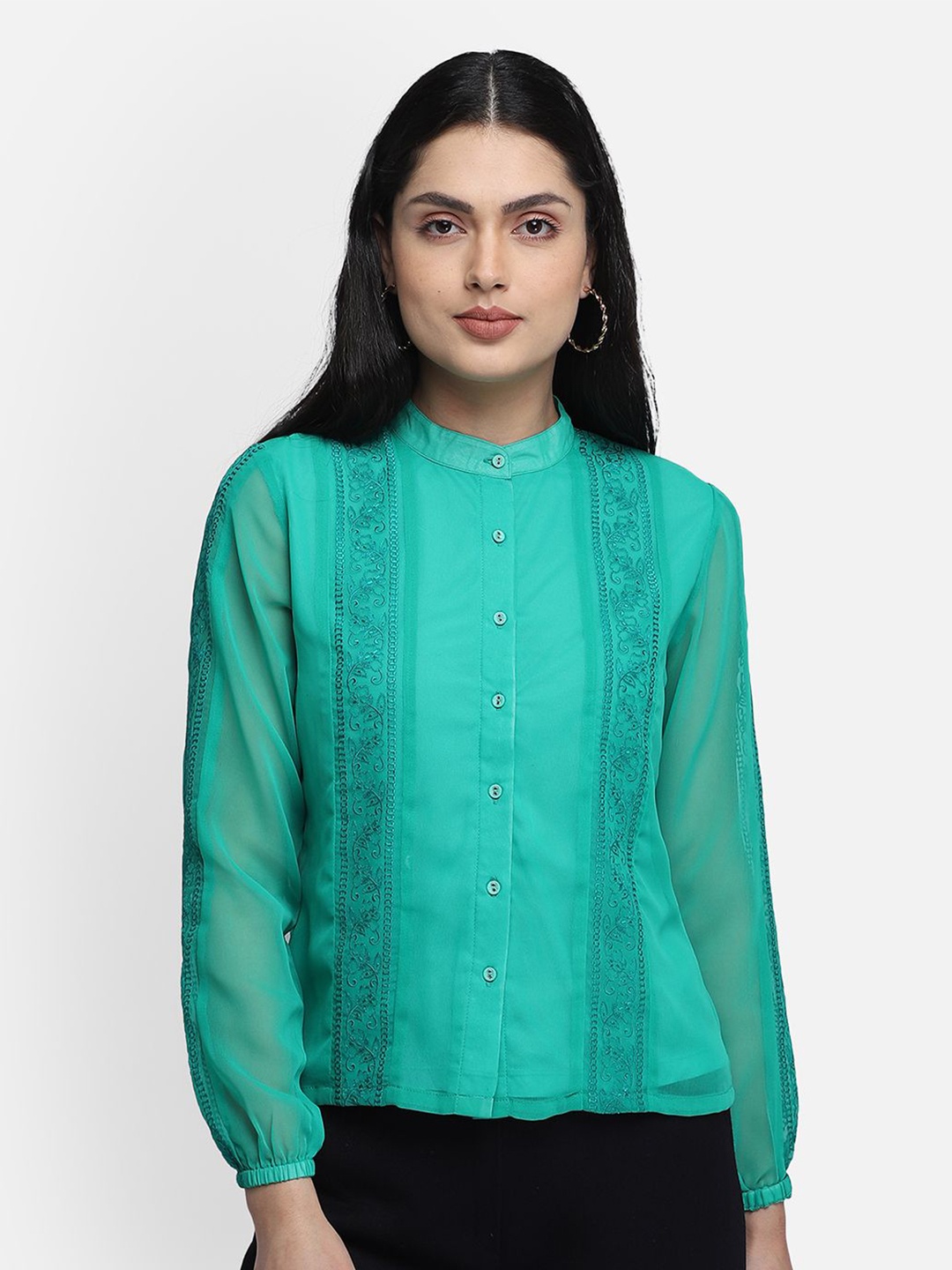

Yaadleen Mandarin Women Collar Georgette Shirt Style Top, Green