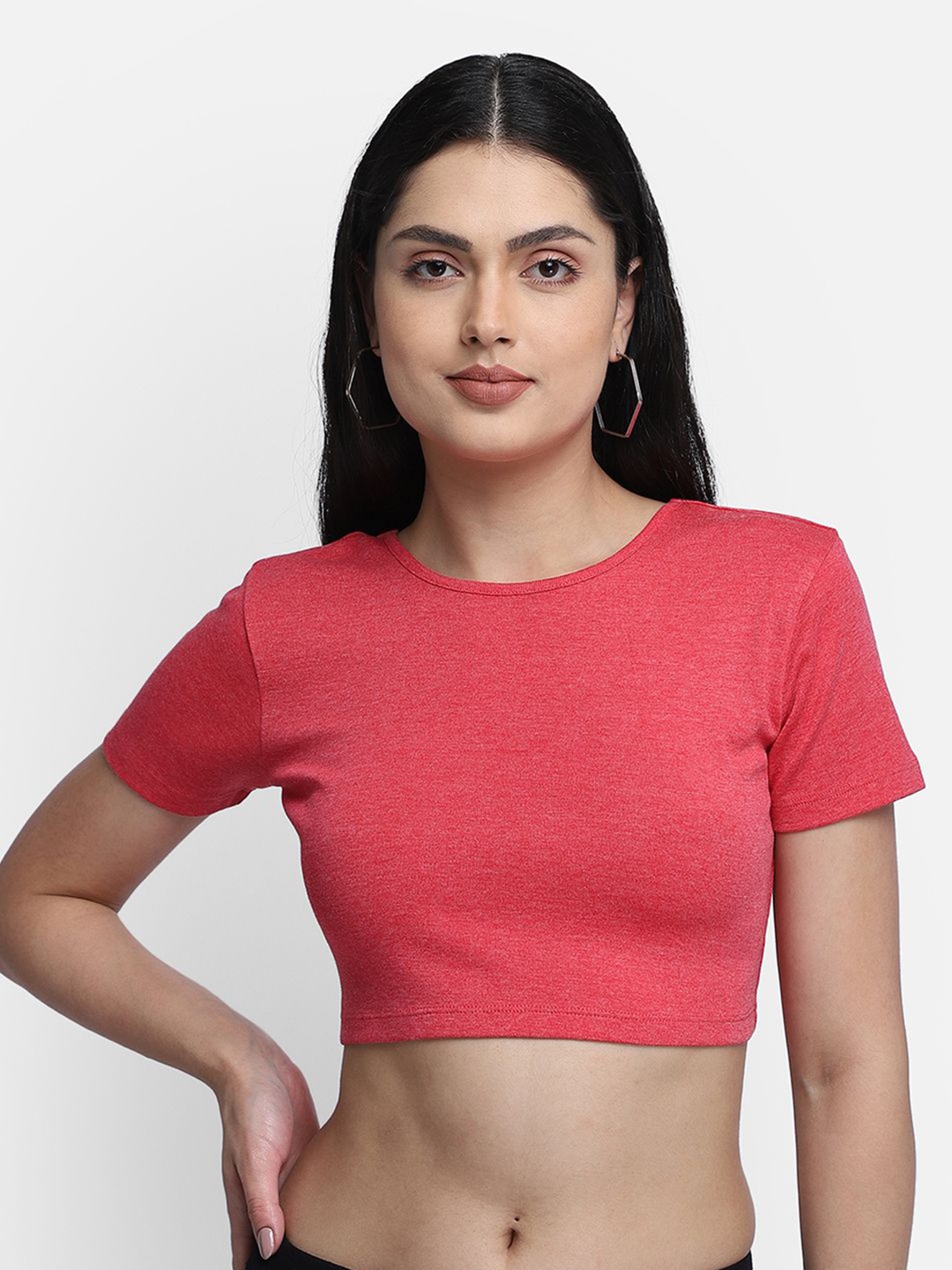

Yaadleen Women Solid Round Neck Short Sleeves Crop Top, Pink