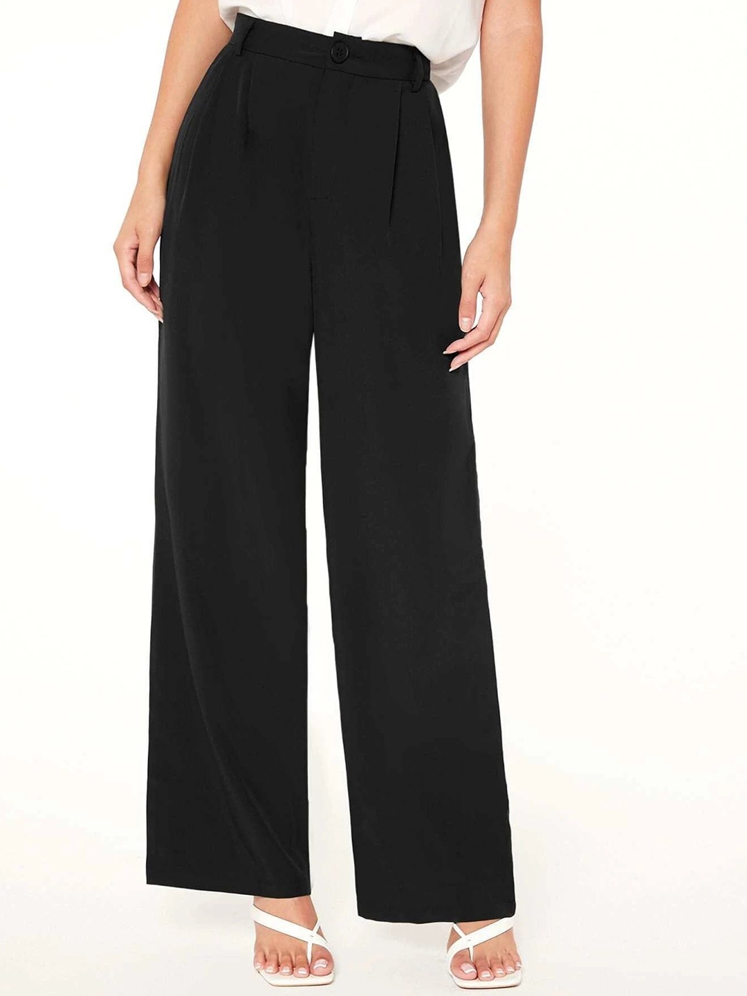 

FNOCKS Women Solid Comfort Loose Fit Mid-Rise Parallel Trousers, Black