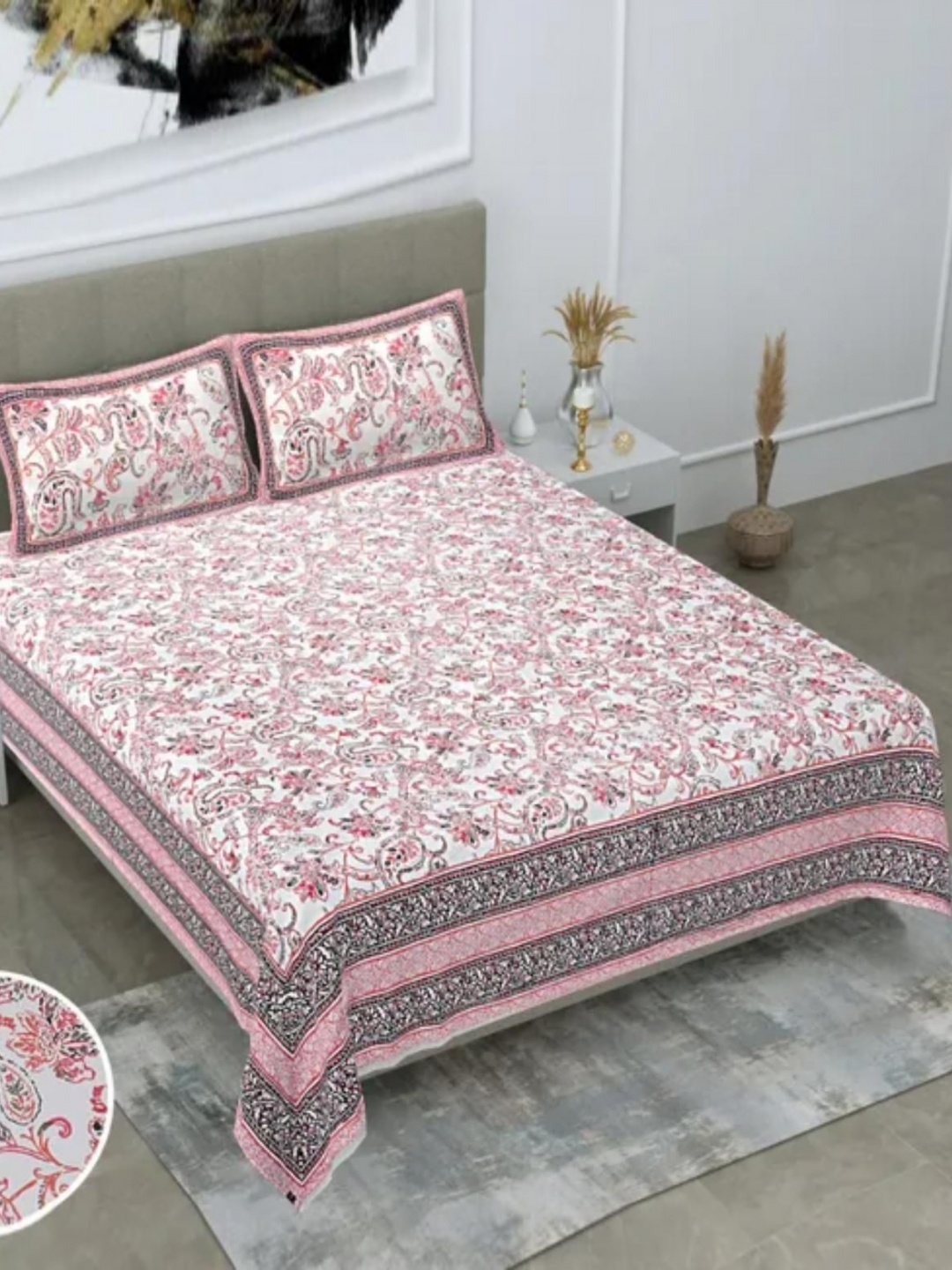 

Bedbathandbliss Pink & White Floral 300 TC Cotton King Bedsheet With 2 Pillow Covers