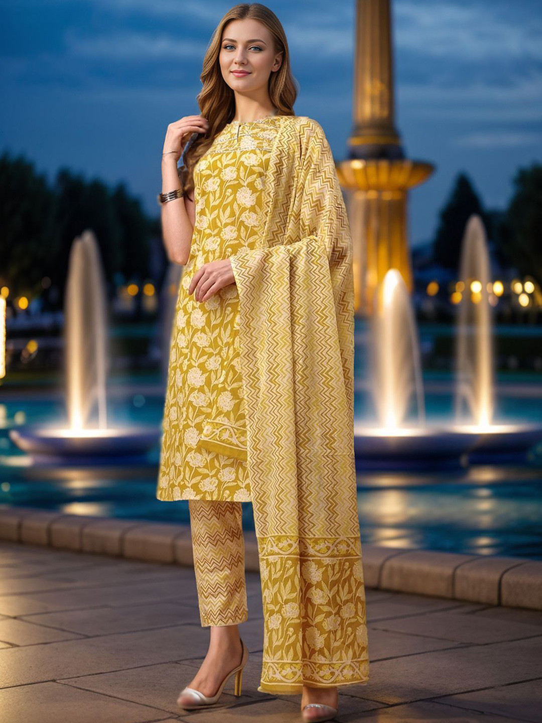 

KALINI Floral Printed Pure Cotton Straight Kurta With Trousers & Dupatta, Mustard