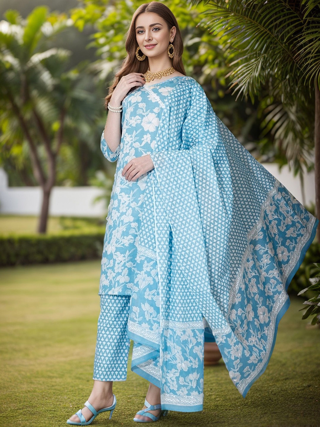 

KALINI Floral Printed Pure Cotton Straight Kurta With Trousers & Dupatta, Blue