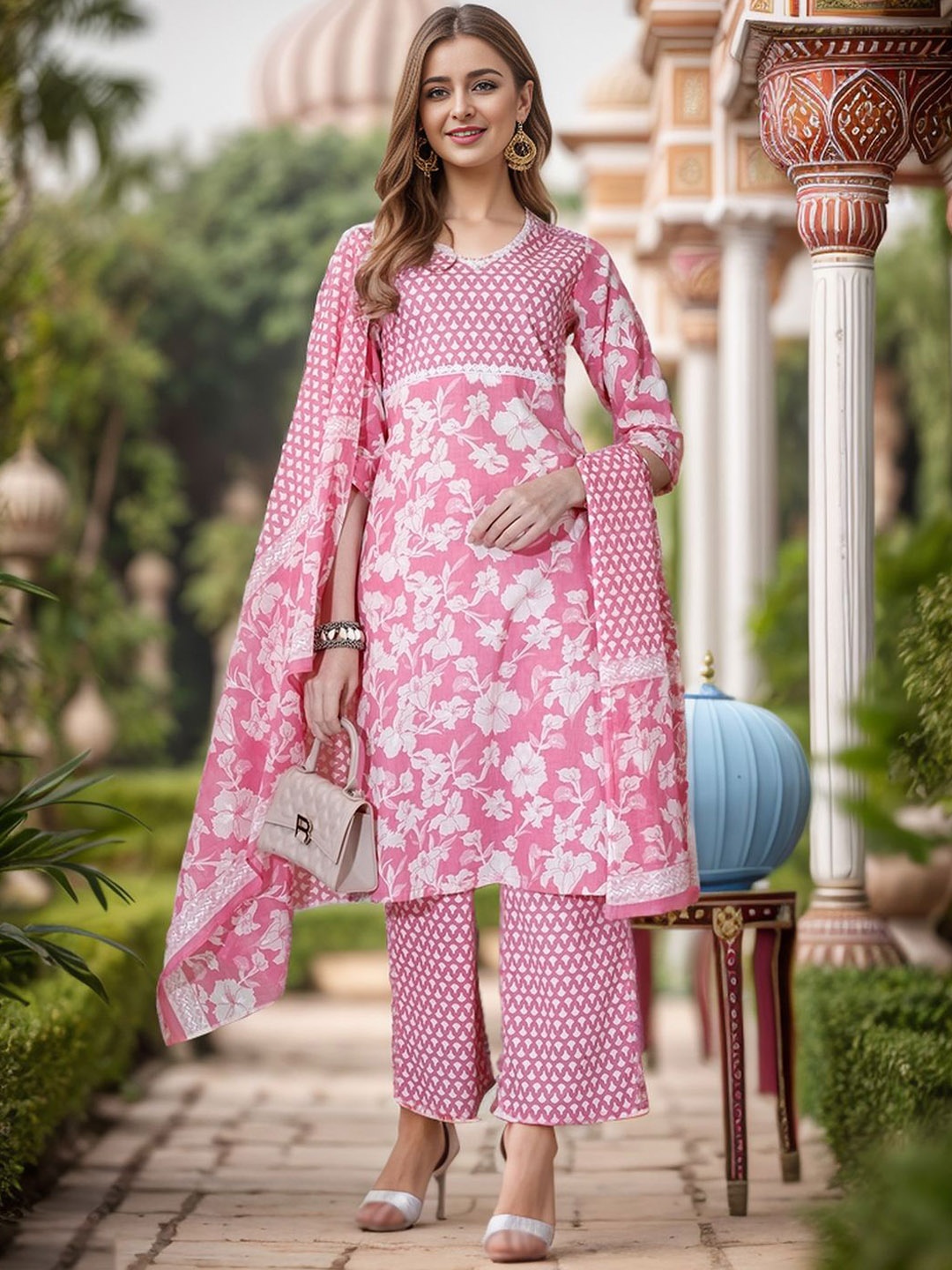 

KALINI Floral Printed Pure Cotton Straight Kurta With Trousers & Dupatta, Pink