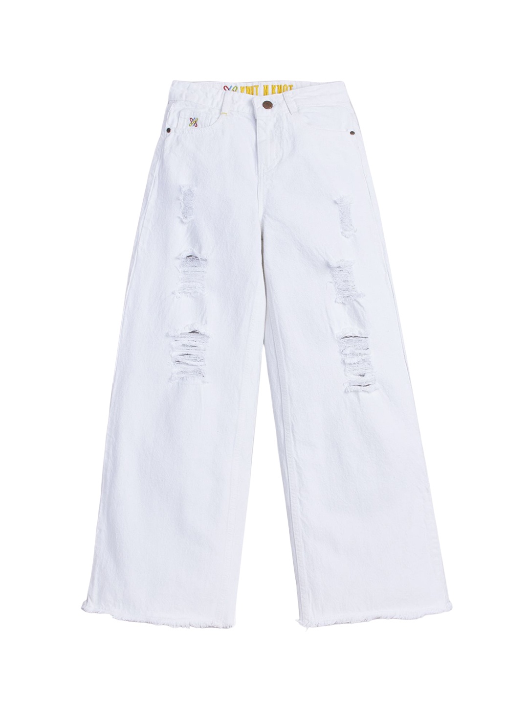 

Knit N Knot Girls Wide Leg High-Rise Highly Distressed Stretchable Jeans, White