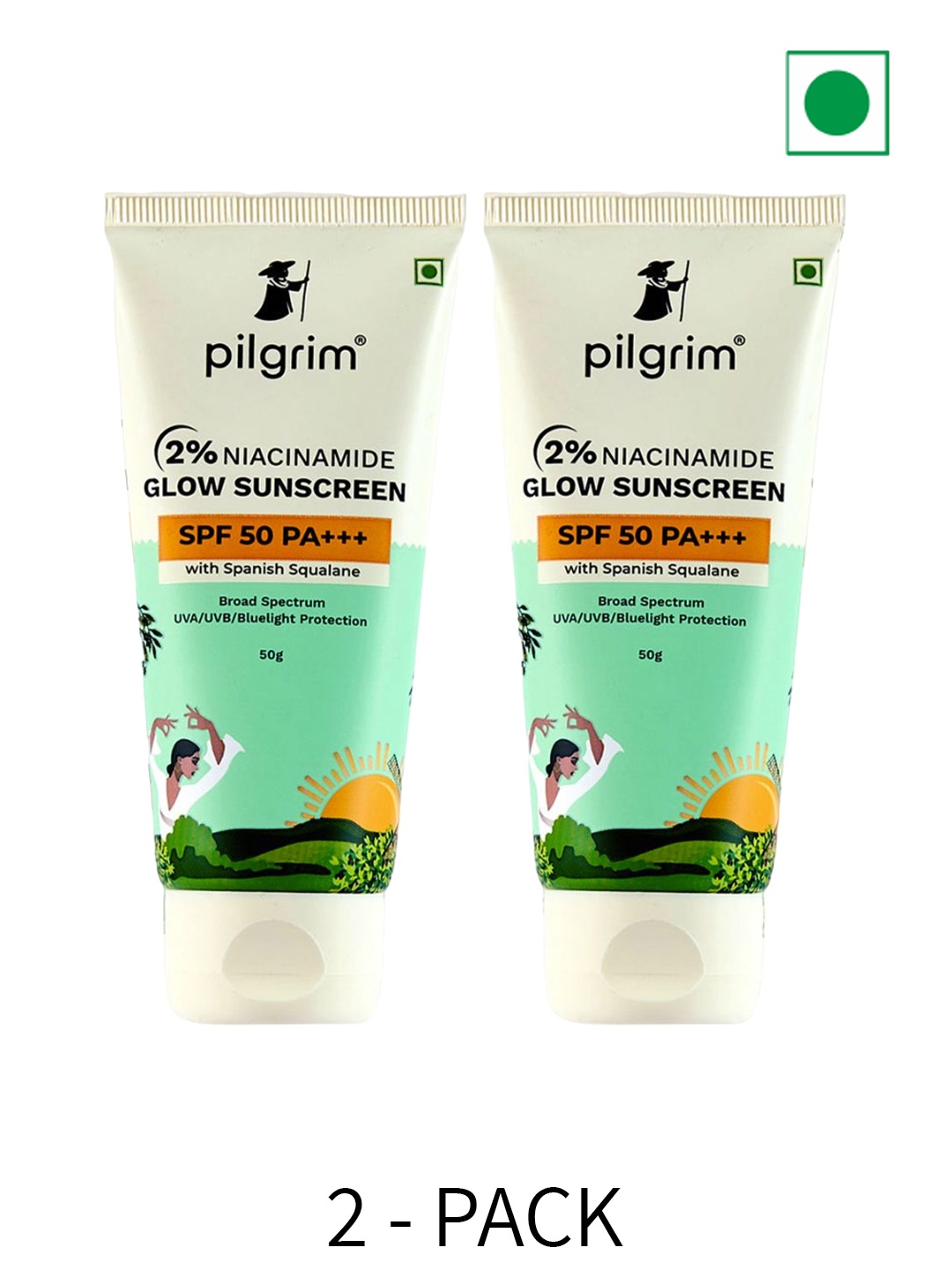 

Pilgrim Set Of 2 2% Niacinamide Glow Sunscreen SPF 50 PA+++ - 50g Each, Green