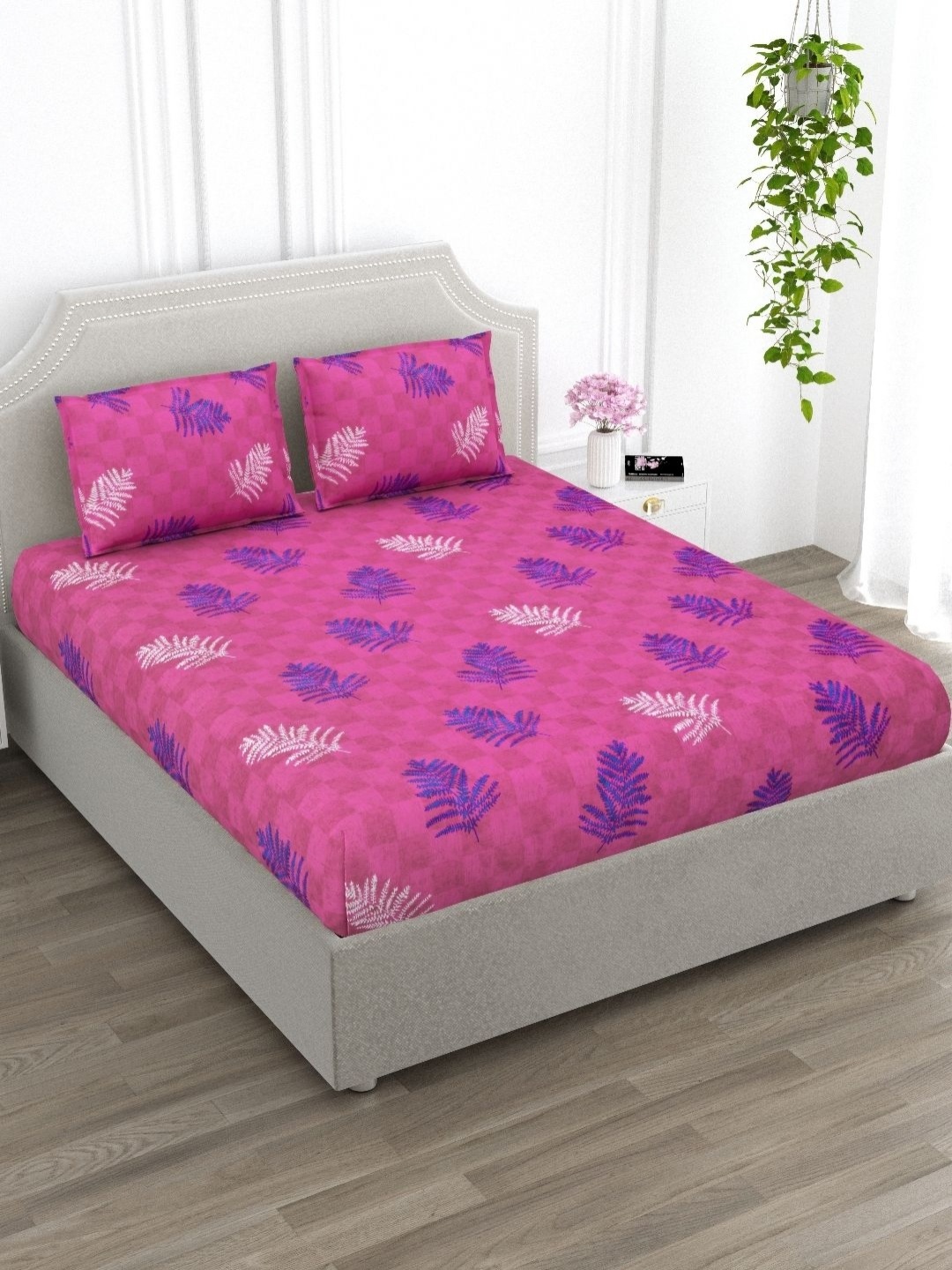 

EverHOME Pink & Blue Floral 210 TC Cotton King Bedsheet with 2 Pillow Covers