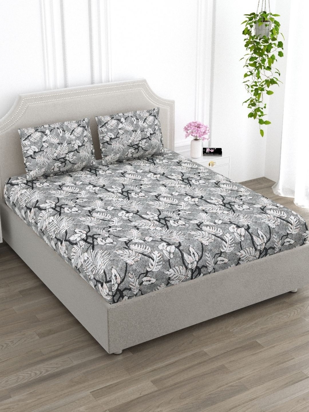 

EverHOME Grey & White Floral Printed 210 TC King Bedsheet with 2 Pillow Covers