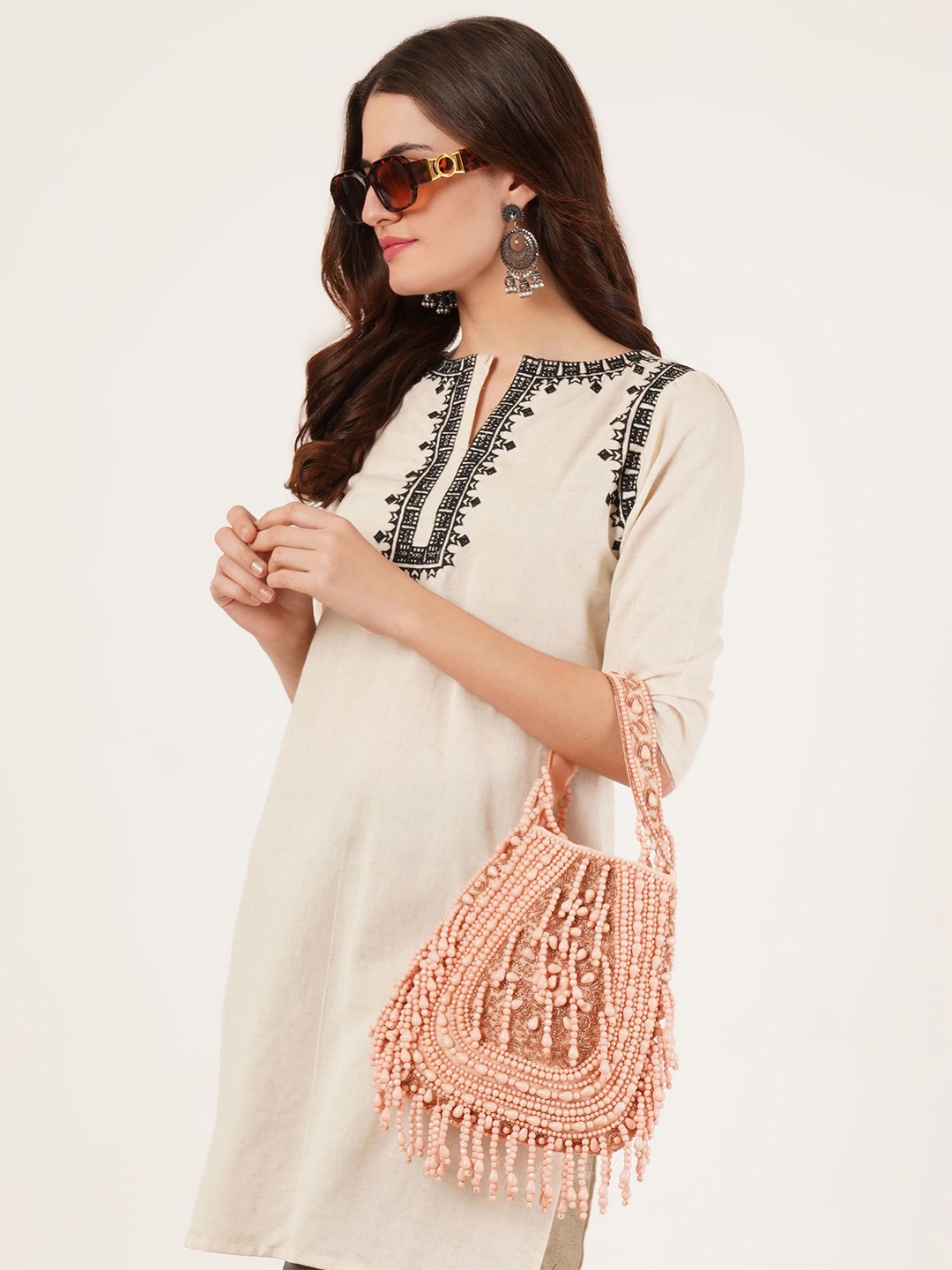 

FABBHUE Embroidered Potli Clutch, Peach