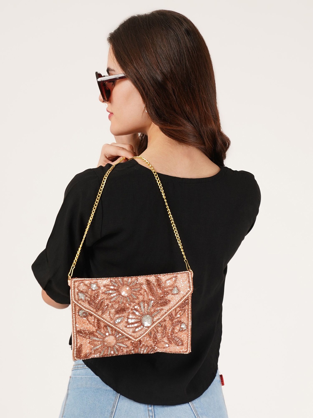 

FABBHUE Embroidered Pure Cotton Envelope Clutch, Brown
