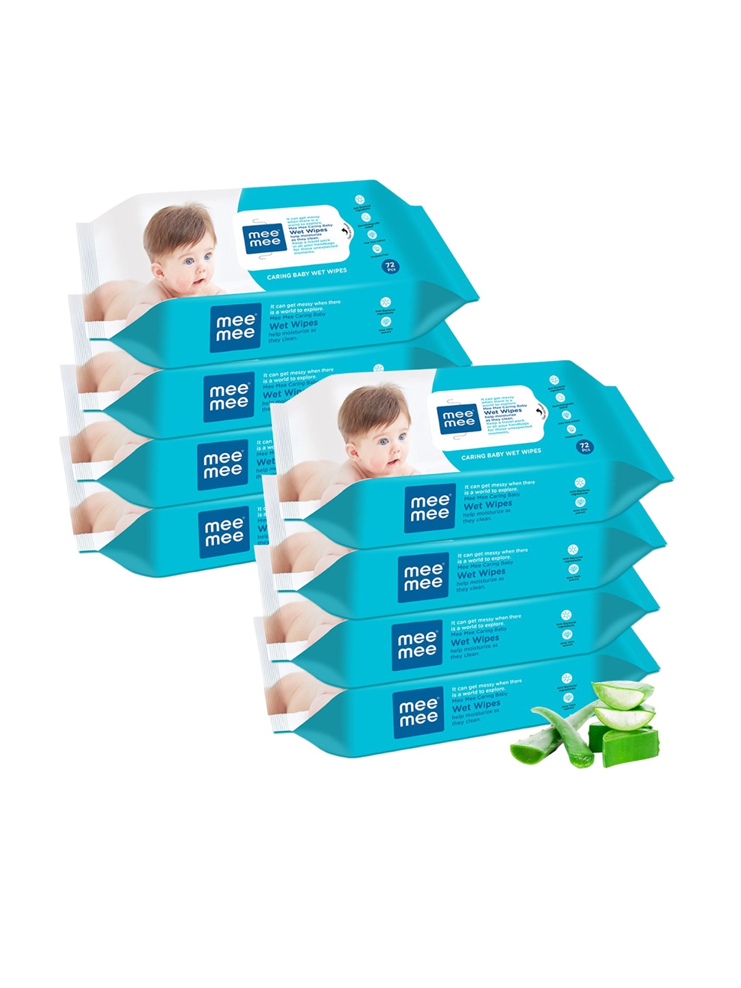 

MeeMee Set of 8 Aloe Vera Extracts Wet Wipes - 72 Wipes Per Pack, Turquoise blue